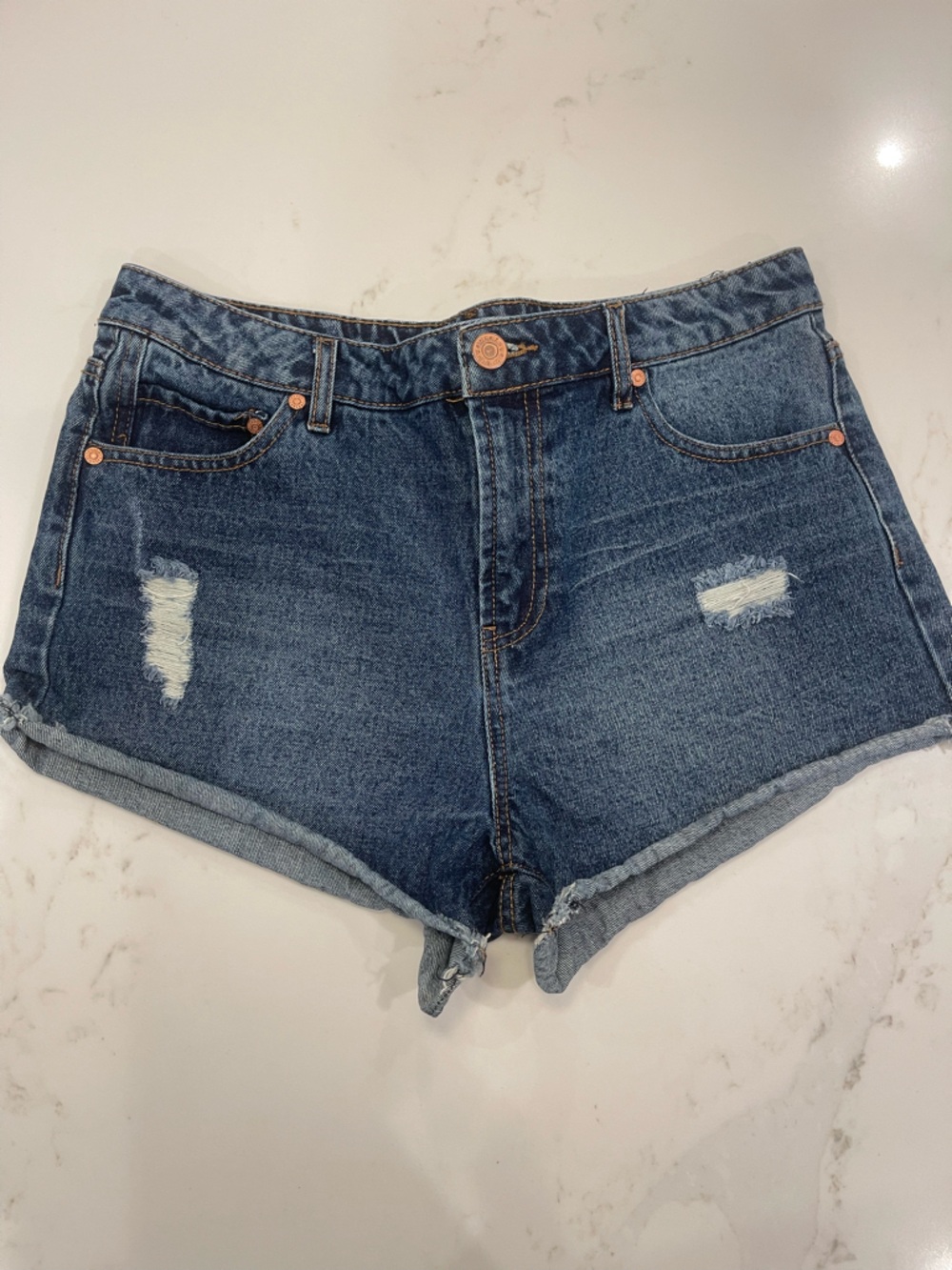 Refuge Mid-Rise Distressed Denim Shorts - Blue - Picture 3 of 14